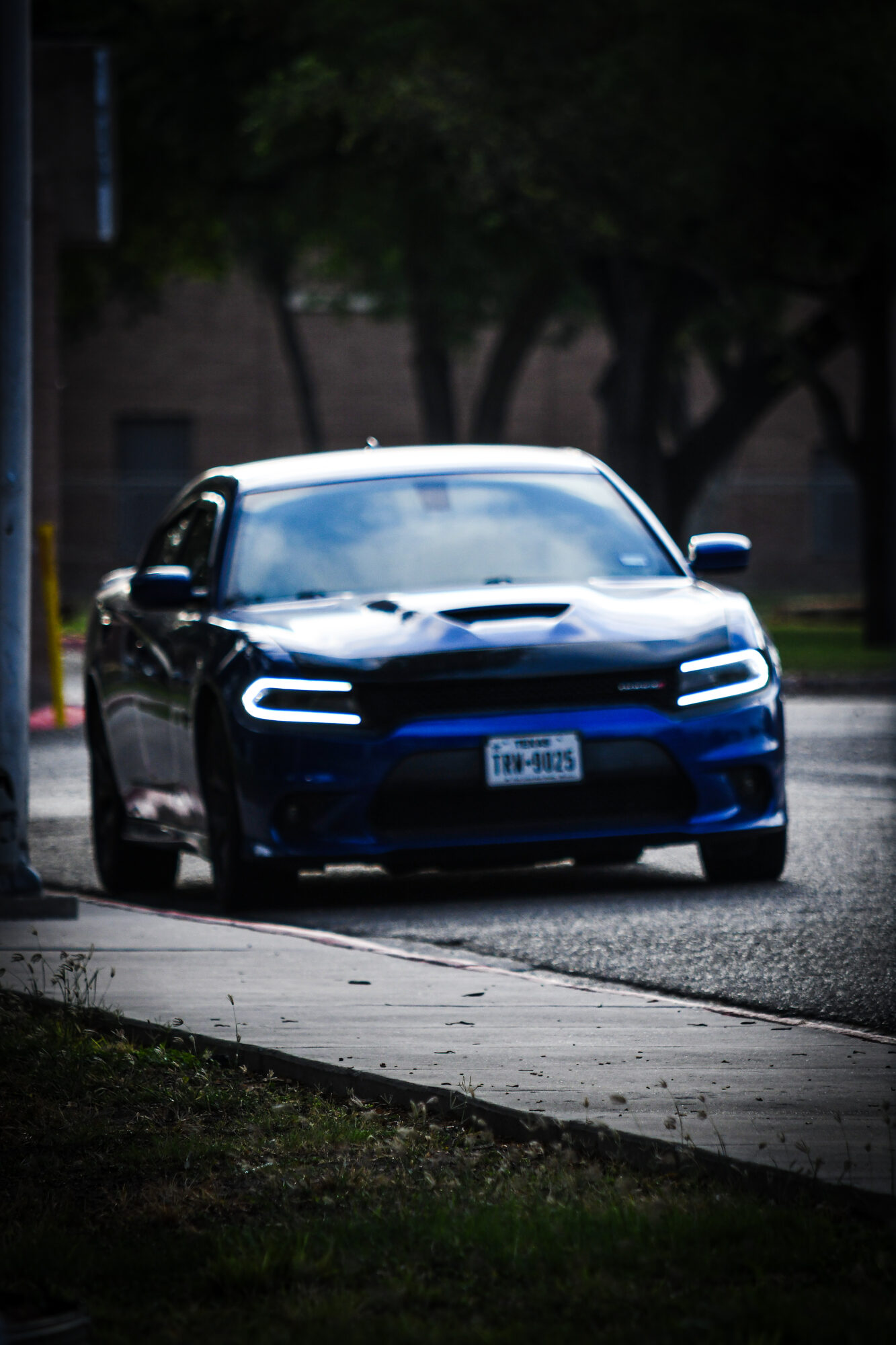 Front of a blue Dodge Charger SRT